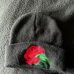 cute black beanie w/ embroidered rose